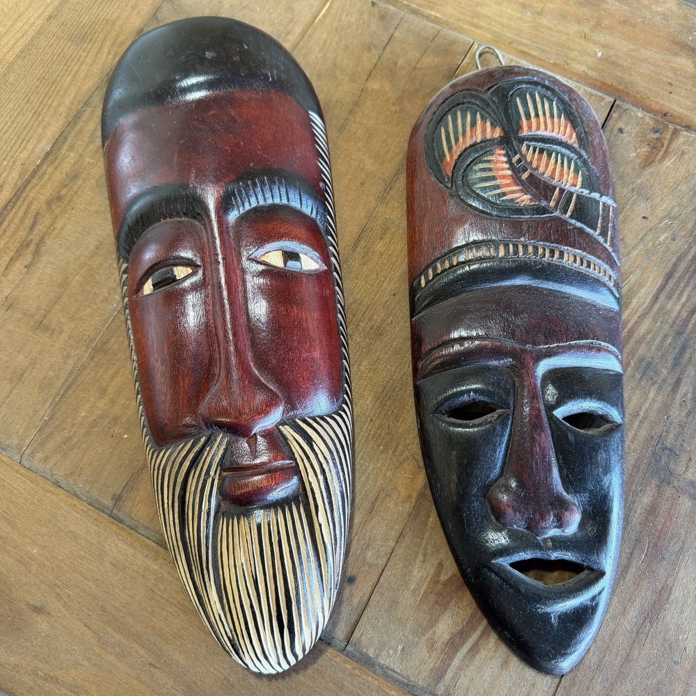 Vintage Hand Carved Wooden Tribal Masks Set of 2 Wall Art